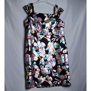ILE New York Dress Womens 14 Black Sheath Granny Floral Foil Cocktail Party Midi
